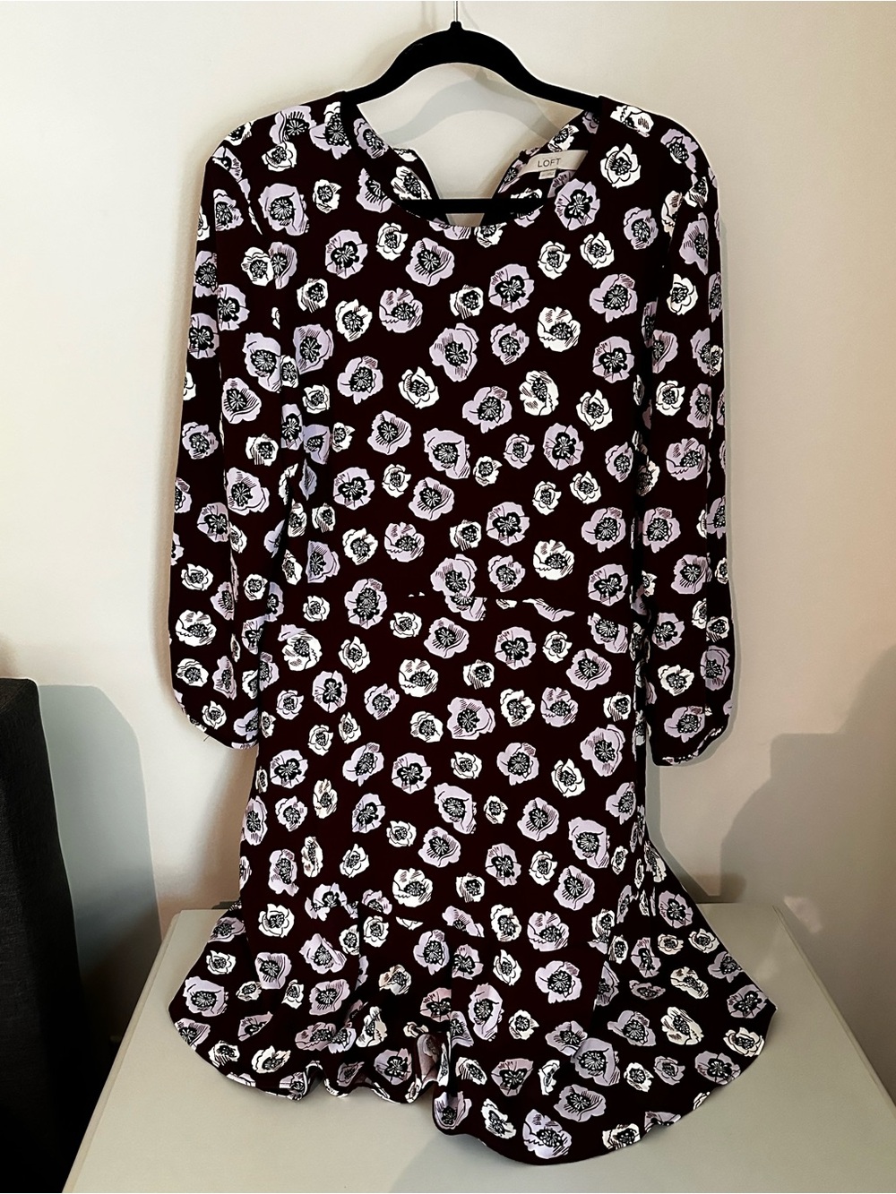 LOFT Burgundy Floral Long-Sleeve Ruffle-Hem Dress